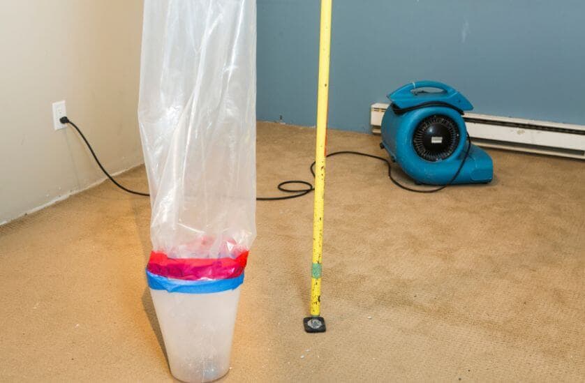 Air mover and moisture detection equipment drying carpet after water damage