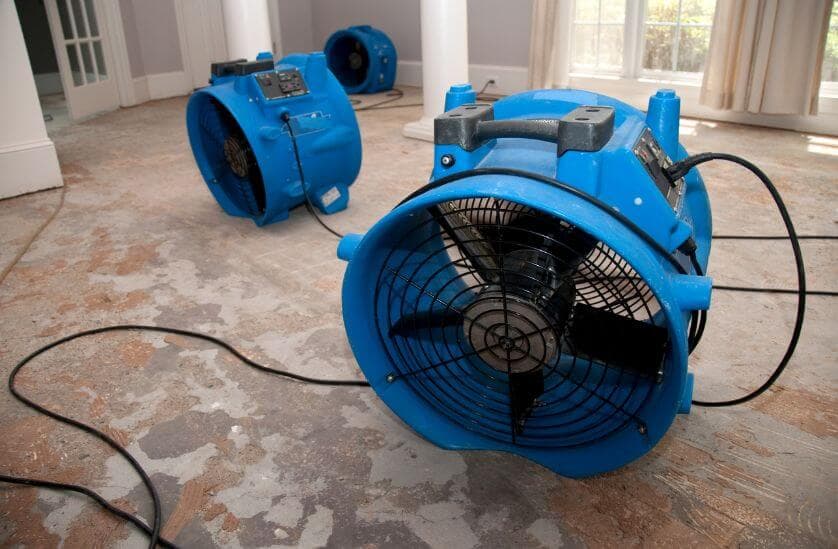 Industrial air movers and dehumidifiers set up for structural drying
