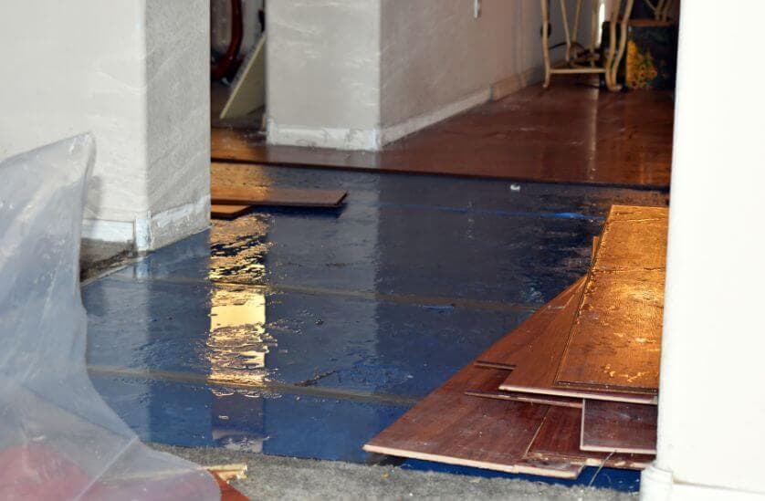 Standing water flooding hardwood floors requiring emergency water extraction